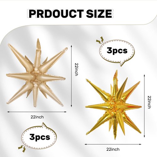 6 Pcs Star Foil Balloons One-Piece 14-Pointed Star Balloons 4D Starburst Cone Mylar Balloons 22inch Christmas Birthday Wedding Wedding Anniversary Party Supplies(Gold + Caramel Colour)