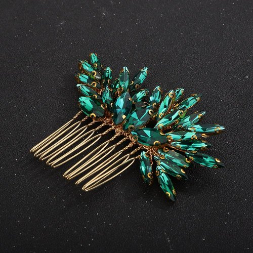 Teyglen Bridal Wedding Hair Comb Gold Green Rhinestone Handmade Headpiece for Brides and Girls