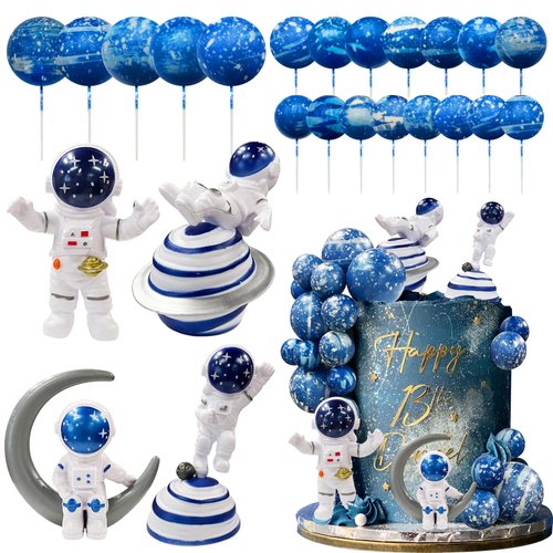 Astronaut Figurines Space Cake Toppers Blue Star Ball Cake Toppers for Space Theme Party Kids Bir...