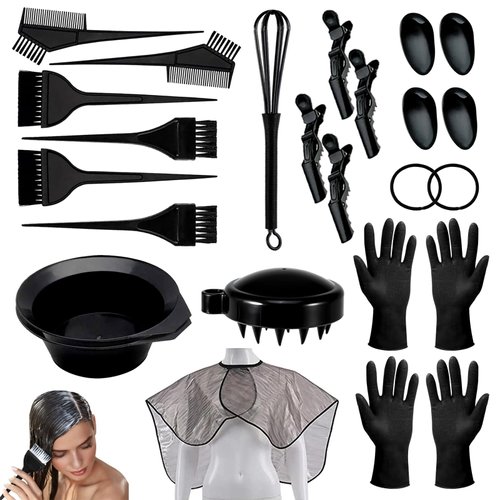 JARCOE 25 Pcs Hair Dye Coloring Kit, Professional Salon Hair Coloring Dyeing Kit, Hair Dye Brush and Bowl Set, Hair Bleach Kit, DIY Salon Hair, Reusable, for Hair Coloring Hair Bleaching Tools Black