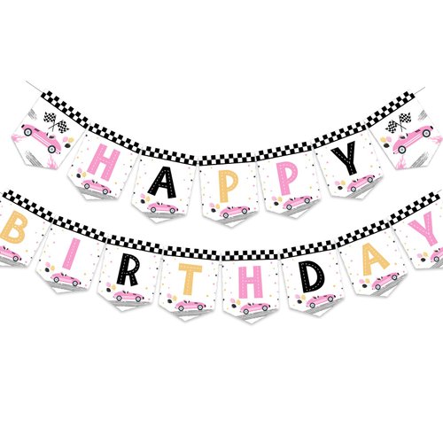 Sursurprise Race Car Birthday Decorations for Girls, Race Car Happy Birthday Banner Pink, Let&#39;s G...