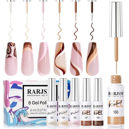 RARJSM Nail Art Gel Liner Nude Color 6pcs Set Nude Pink Brown Skin Tone Painting Striping Gel Nai...
