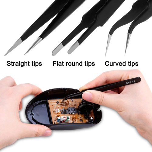 Precision Tweezers Set - 6PCS Anti Static ESD Industrial Tweezers Kit Matte Black, Fits for Electronics Repair, Soldering, Craft, Laboratory Work