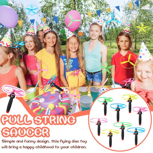 kymqlyw 36 Pcs Flying Saucer Flying Disc Toy Helicopter Toy Disco Flyers Include 12 String Launchers and 24 Flying Saucer Flying Disc Launcher Flying Toys Little Teens Outdoor Activity Birthday Favors