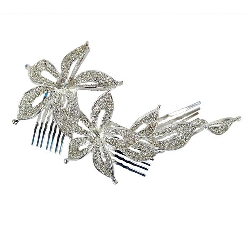 Tri-Level Hair Comb 6 Inch Crystal Flowers Bridal, Silver