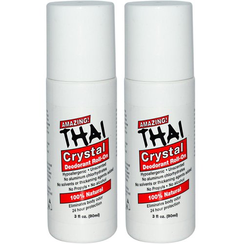 Thai Crystal Deodorant Stone All Natural Roll-On Deodorant For Body, Face and Feet - Unscented, Aluminum Free & Organic With No Aluminum, Solvents, Parabens, Propyls, or Alcohol, 3 fl oz. (Pack of 2)