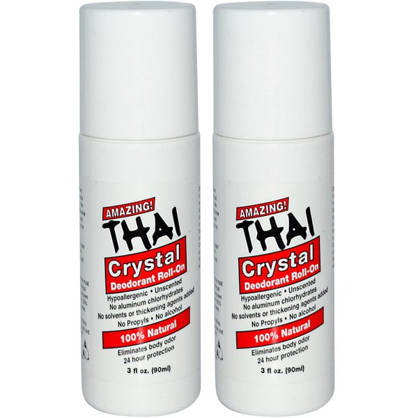 Thai Crystal Deodorant Stone All Natural Roll-On Deodorant For Body, Face and Feet - Unscented, Aluminum Free & Organic With No Aluminum, Solvents, Parabens, Propyls, or Alcohol, 3 fl oz. (Pack of 2)