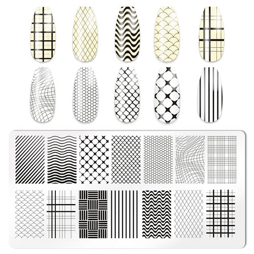 KAAGEE 5Pcs Nail Stamping Plates Plaid Nail Stamps Nail Art Stamping Plates Geometry Nail Stencils Nail Plate Template Nail Art Stamping Kit Nails Accessories with 1 Nail Stamper, 1 Scraper