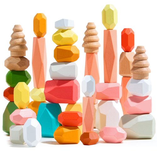 VigorFun Stacking Rocks 40 Pcs Wooden Balancing Stones Toy Set, Safe Material Montessori Stacking Game for Toddlers, Educational Wooden Stacking Rocks for Kids (Pink)