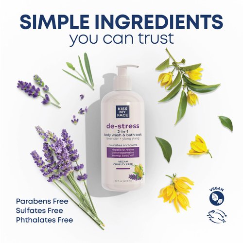 Kiss My Face De-Stress 2-in-1 Body Wash & Bath Soak Lavender + Ylang Ylang - Vegan Body Wash - 16 oz Bottle with Pump (Lavender & Ylang Ylang, Pack of 1)