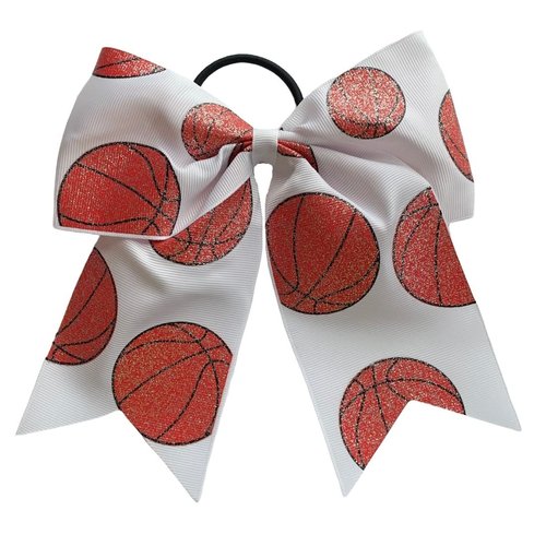 NEW "GLITTERY BASKETBALL" Cheer Bow Pony Tail 7 Inch Girls Hair Cheerleading Games Sports Team Tournaments Playoffs Grosgrain Ribbon