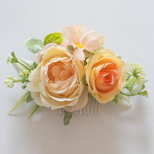 Fangsen Elegant Silvery Rose Peony Hydrangea Daisy Handmade Flower Headpiece Perfect for Wedding Hair Accessories Floral Hair Accessories Hair Comb and Bridal Accessories (Orange)