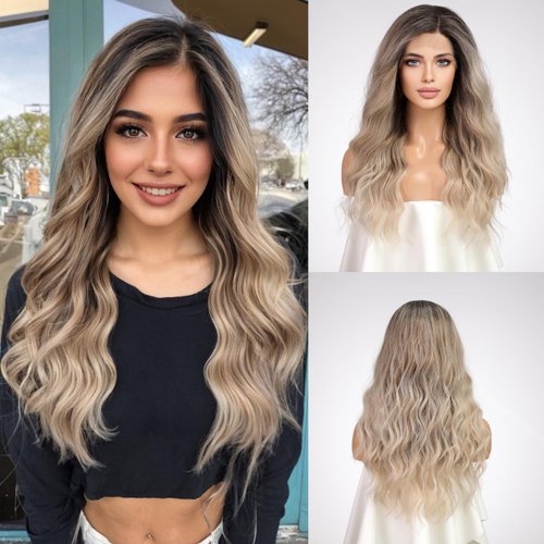 Getshow Ombre Mixed Blonde Wigs for Women Long Curly Layered Lace Wig Dark Roots Hair Side Part