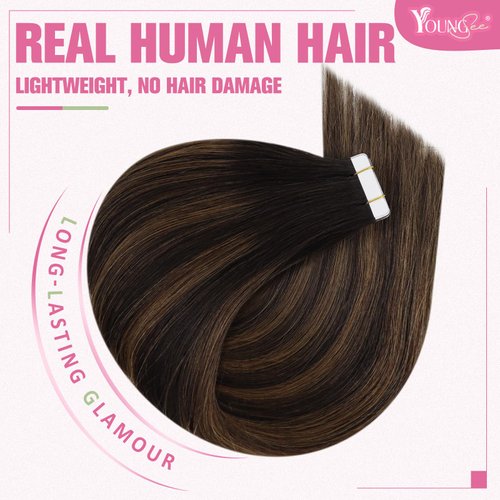 YoungSee Tape in Human Hair Extensions Brown Balayage Tape in Extensions Human Hair Dark Brown Balayage Invisible Tape in Hair Extensions Human Hair Ombre 20 Inch 20pcs 50g Tape in Hair Durable