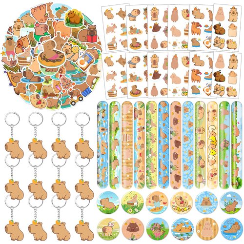 Lcnjscgo 98 PCS Capybara Party Favors, Capybara Temporary Tattoos, Slap Bracelets, Keychains, Stickers, and Badges for Kids Capybara Birthday Party Decorations and Classroom Rewards