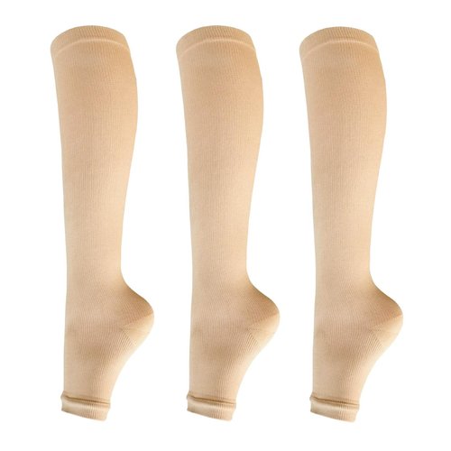 Open toe Toeless Compression Socks 3 Pairs for Women Men 15-20 mmHg Support Stockings Running Travel Pregnancy (L/XL, Nude)