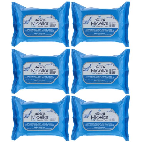 Body Drench Micellar 3-In-1 Cleansing Water and Makeup Remover Wipes, (30 wipes per pack) x 6 pack
