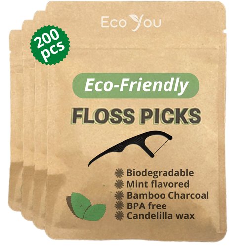 Biodegradable Floss Pick | 200 Count (4 pack) | Charcoal Floss | Non Toxic Floss | Eco Floss Picks | Black Floss Picks | Bamboo Floss | Floss Stick | Candelilla Wax & Mint Flavored | Plastic Free
