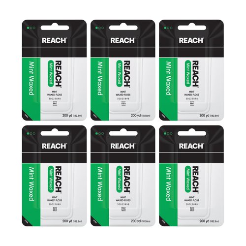 REACH Waxed Dental Floss, Mint, Plaque Remover for Teeth, Shred Resistant, Floss Slides Smoothly, Easy to Use, Waxed, Deep Cleaning Teeth, Oral Care, PFAS Free, for Adults & Kids, 6 Pack, 200 yd