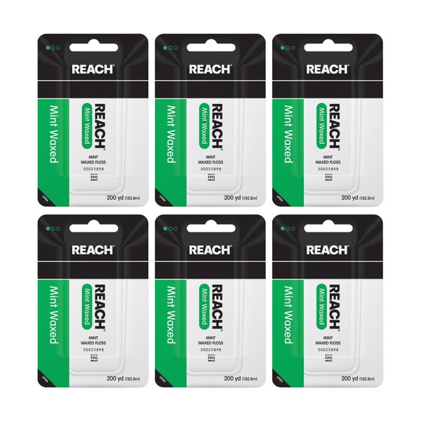 REACH Waxed Dental Floss, Mint, Plaque Remover for Teeth, Shred Resistant, Floss Slides Smoothly, Easy to Use, Waxed, Deep Cleaning Teeth, Oral Care, PFAS Free, for Adults & Kids, 6 Pack, 200 yd