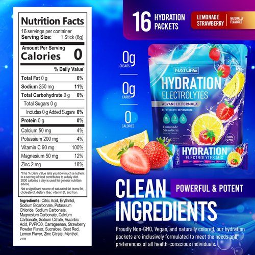 Electrolytes Powder Hydration Packets – Recovery Drink Mix with Sodium, Potassium, Magnesium, Calcium, Vitamin C & Zinc – Sugar Free, Keto, Non GMO & Vegan – Strawberry Lemonade – 16 Sticks