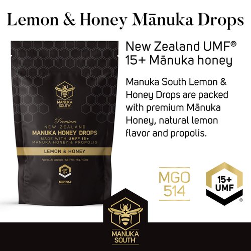 Manuka Honey Drops UMF 15+ / MGO 514+ & Propolis Drops Made in New Zealand – Natural Ingredients – Soothing Drops – Lemon & Honey Flavor - 25 Drops