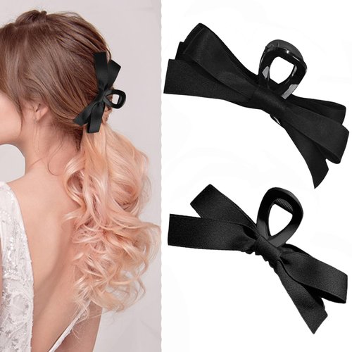 Paderison Black Silky Satin Hair Accessories - 2Pcs Big Non-Slip Bow Barrettes for Thick/Thin Hai...