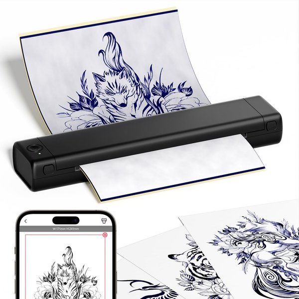 ASprink Wireless Tattoo Transfer Stencil Printer, M08F Bluetooth Mobile Thermal Copier, Tattoo Machine with 10pcs Free Transfer Paper, Tattoo Printer Kit, Compatible with Smartphone & Pc