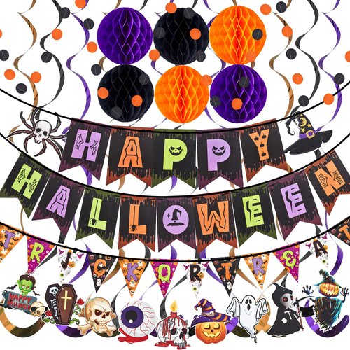 Halloween Party Decorations Happy Halloween Paper Banner with Trick or Treat Paper Banner Set, Halloween Honeycomb Ball Hanging Decorations and Spiral Decorations Indoor Outdoor Decor