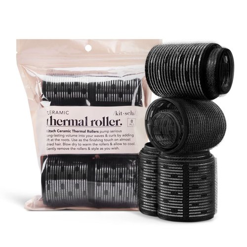 Kitsch Ceramic Hair Rollers | Self Grip Thermal Hair Rollers | Holiday Gift Hair Curlers | Variety Pack | 8 Pcs (Black)
