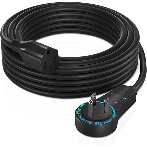 Maximm Cable 25 Feet 360° Rotating Flat Plug Extension Cord/Wire, 3 Prong Grounded Wire 16 Awg Power Cord - Black UL Certified
