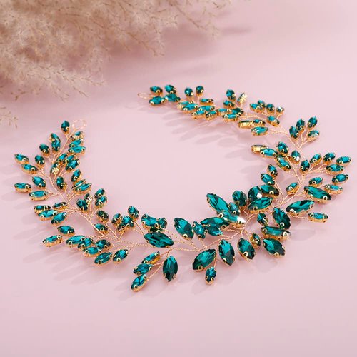 JWICOS Crystal Wedding Headband Bridal Headpiece Hair Vine Wedding Hair Accessories for Bride Women Prom (Green Gold)