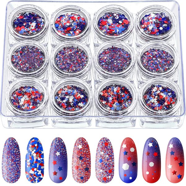 12 Boxes Independence Day Nail Glitter 4th of July Nail Art Star Sequins Holographic Red Blue Silver Mixed Star Hexagon Circles Nail Sequins Confetti 3D Nail Art for Women Girls Makeup Nail Decoration