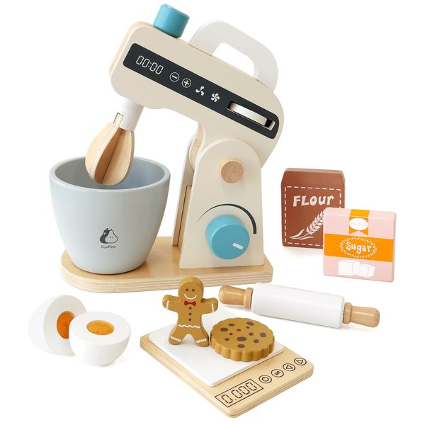 PairPear Play Food Stand Mixer, Wooden Toys Bake Cookies Playset, Multi-Function Play Kitchen Accessories for Kids Ages 3+