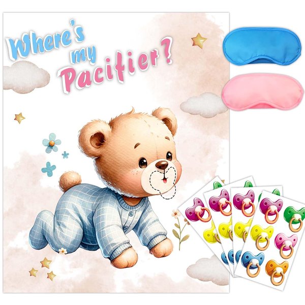 Pin The Pacifier on The Baby Game,Pin The Pacifier on The Bear Game,Where is The Teddy Baby’s Binky Party Favors,Pin The Dummy on The Bear