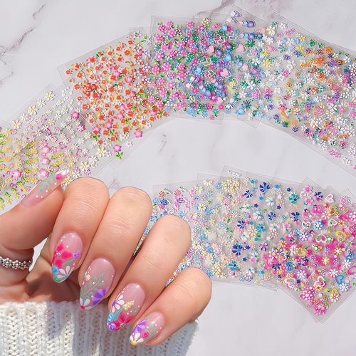 30Sheets Flower Nail Art Sticker 3D Self-Adhesive Colorful Flowers Cherry Blossoms Rose Daisy Nail Decals Pink Floral Nail Design Cute Heart Nail Sticker for Kids Girls Women Manicure DIY Decoration
