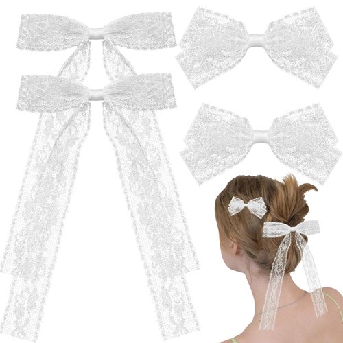 4 PACK White Hair Bows Clips for Women, Lace Hair Bow, Long Tail White Hair Ribbons Barrette Clip...