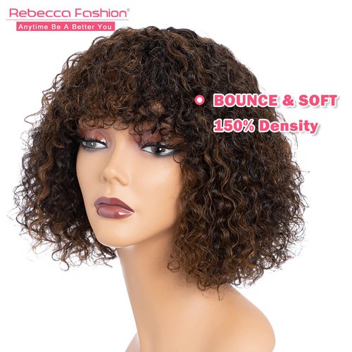 Rebecca Fashion Highlight Curly Bob Human Hair Wig with Bangs 10 Inch Short Curly Water Wave Bob Wig Human Hair Wigs for Black Women Glueless Wig 100% Brazilian Remy Hair Black Mixed Brown Color