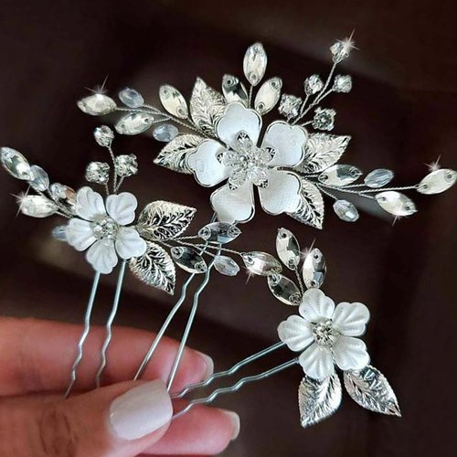 YBSHIN Bride Flower Wedding Hair Pins Silver Crystal Hair Piece Bridal Leaf Hair Accessories for Women (Pack of 3)