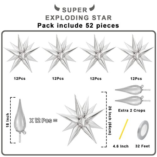FUNTOOB Silver Star Balloons Metallic Star Foil Balloons Silver Star Cone Balloons Starburst Balloon Spike Balloons for Birthday Graduation Business Event Christmas Decorations (50Pcs)