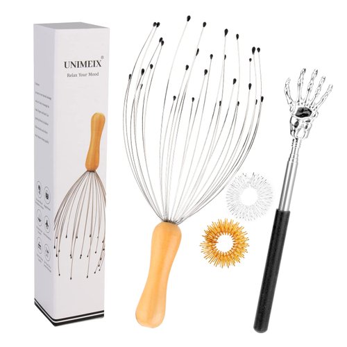 UNIMEIX 4 Pack Head Scratcher Scalp Massager with Finger Massager Rings and Extendable Back Scratcher, 28 Fingers Scalp Massagers Set for Deep Relaxation and Stress Relief