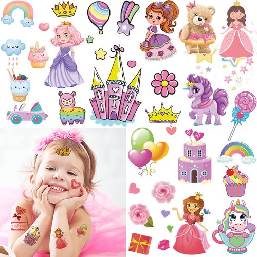 Tazimi 110Pcs Glitter Temporary Tattoos for Girls,Glitter Princess Castle Rainbow Temporary Tattoos for Birthday Party Favors Princess Party Supplies Gift Reward