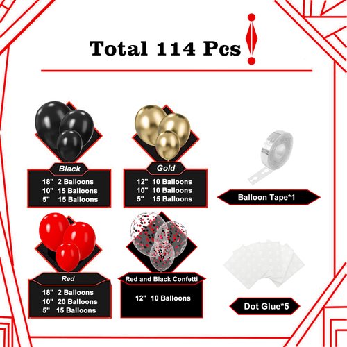 Red and Black Balloon Garland Kit, 114PCS Red Black and Gold Balloon Arch, 4 Sizes Black Red Balloons for Casino Theme Party Decorations Graduation New Year Party Wedding Birthday Decorations