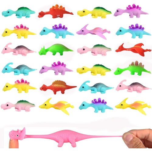 VakerZon 32 Pcs Slingshot Dinosaur Finger Toy, Mini Fidget Stretchy Squishy Soft Rubber Flying Dino Toys for Party Favors Boys Girls Birthday Gifts Goodie Bag Easter Basket Stuffers