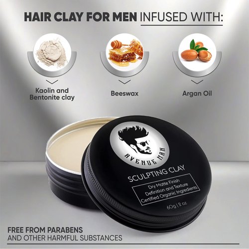 Avenue Man Hair Clay for Men - Matte Finish Sculpting Clay - Strong Hold, Maximum Definition and Textured Control - For All Hair Types - Infused with Beeswax, Kaolin Clay and Argan Oil - 3.0oz/90g