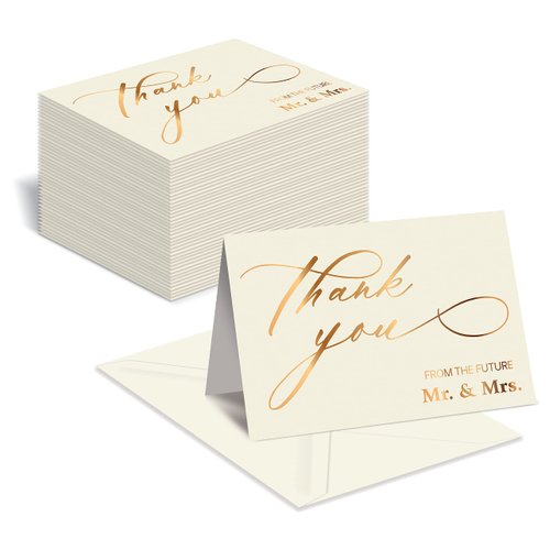 Better Office Products 50 Pack Wedding Engagement Thank You Cards in Metallic Gold with Envelopes, 4 x 6 Inch, Wedding Shower Thank You From The Future Mr and Mrs, Blank Cards, 50 Count Boxed Set