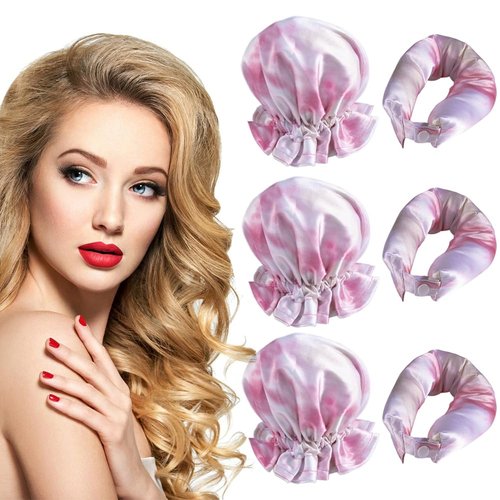 NuAngela Hair Rollers Heatless Curling Set,6Pcs Satin Heatless Hair Curlers,Heatless Curling Rod Headband,Hair Roller Heatless Curls with Cap for All Hair Types,No Heat Curling (Tie-dye Pink)