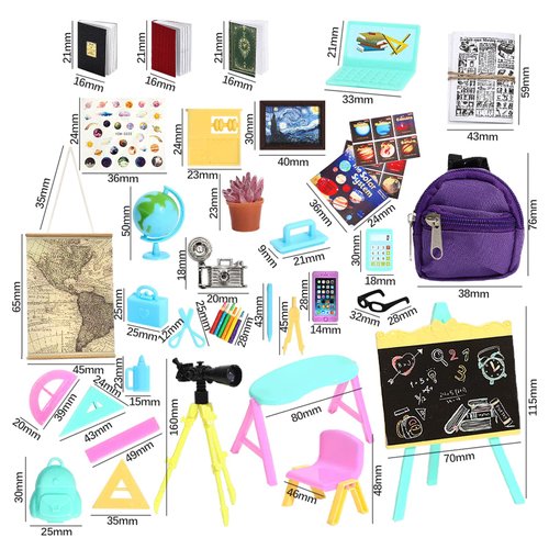SOTOGO 50 Pieces Doll House School Supplies Mini School Accessories Dollhouse Toy Home Miniature Model DIY Doll Accessories
