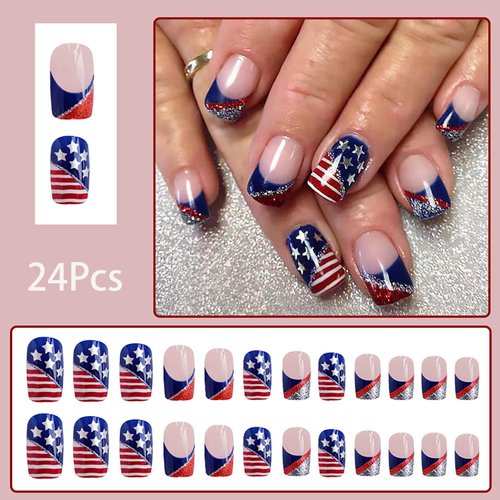 24 Pcs 4th of July Press on Nails Square Medium Fake Nails Red Blue Full Cover French Tip False Nails with Glitter Star Designs Independence Day Acrylic Nails Glossy Artificial Nails for Women Girls