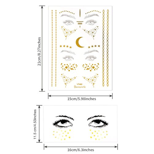 7 Sheets Face Metallic Tattoo Stickers Gold Face Temporary Tattoos Freckle Sticker for Women Girls Halloween Make Up Cosplay (15 Styles)